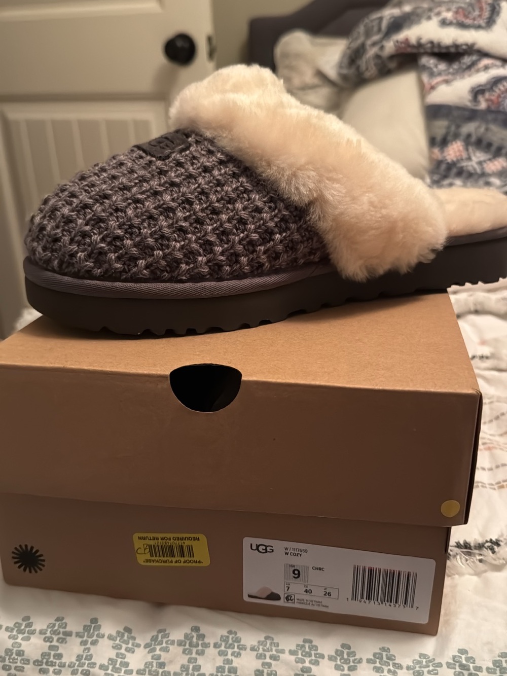 UGG Women's Charcoal Gray Knit Cozy Shearling Cuff Slippers